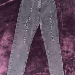 Gray Distressed High-Waisted Jeans